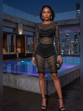 Black Sheer Long-Sleeve Embellished Bodycon Dress